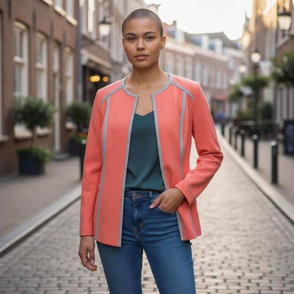 Calvin Klein Coral Blazer with Animal Print Trim - Size 12